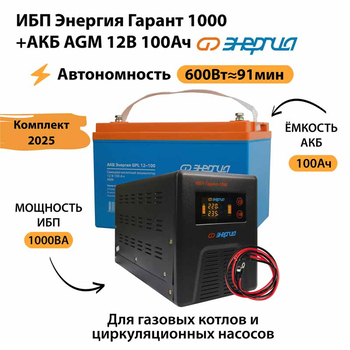 ИБП для котла Энергия Гарант 1000 + Аккумулятор 100 Ач 12 В (600Вт - 91мин) - ИБП и АКБ - ИБП для котлов - . Магазин оборудования для автономного и резервного электропитания Ekosolar.ru в Казани