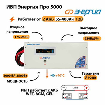 Энергия ИБП Про 5000 24В - ИБП и АКБ - ИБП для котлов - . Магазин оборудования для автономного и резервного электропитания Ekosolar.ru в Казани