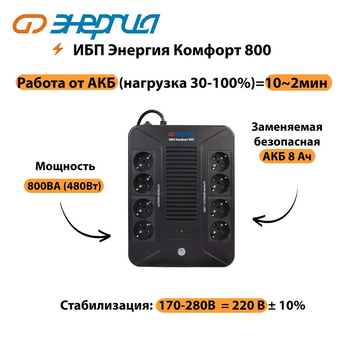 ИБП Комфорт 800 Энергия - ИБП и АКБ - ИБП для компьютера - . Магазин оборудования для автономного и резервного электропитания Ekosolar.ru в Казани