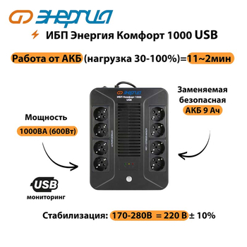 ИБП Комфорт 1000 USB Энергия - ИБП и АКБ - ИБП для компьютера - . Магазин оборудования для автономного и резервного электропитания Ekosolar.ru в Казани
