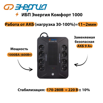 ИБП Комфорт 1000 Энергия - ИБП и АКБ - ИБП для компьютера - . Магазин оборудования для автономного и резервного электропитания Ekosolar.ru в Казани