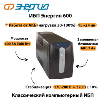 Энергия ИБП 600 - ИБП и АКБ - ИБП для компьютера - . Магазин оборудования для автономного и резервного электропитания Ekosolar.ru в Казани